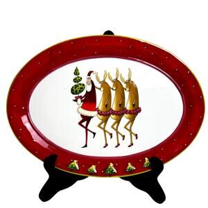 Raz Dancing Santa and Reindeers Wearing Tutus Whimsical Oval Serving Platter